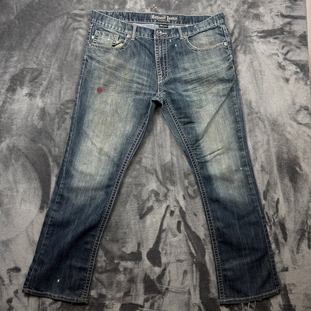 Request Jeans Premium Denim Pants Mens 38x32 Blue Distressed Thick Stitch Y2K